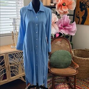 Zara Boyfriend Blue Long Sleeve Button Up Kaftan Boho Hamptons Midi Maxi Dress